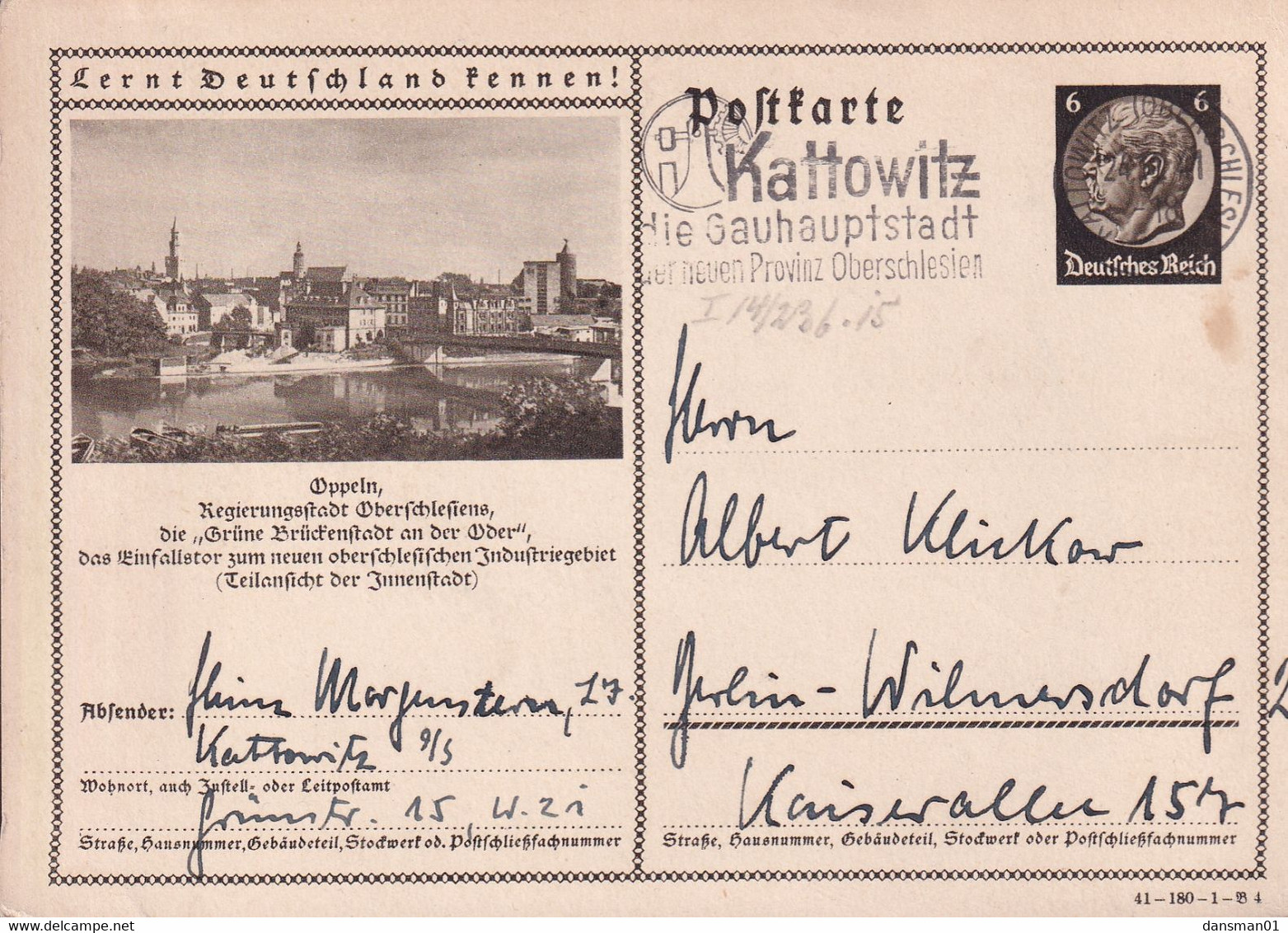 Germany 1941 Postcard Used In Kattowitz - Otros & Sin Clasificación