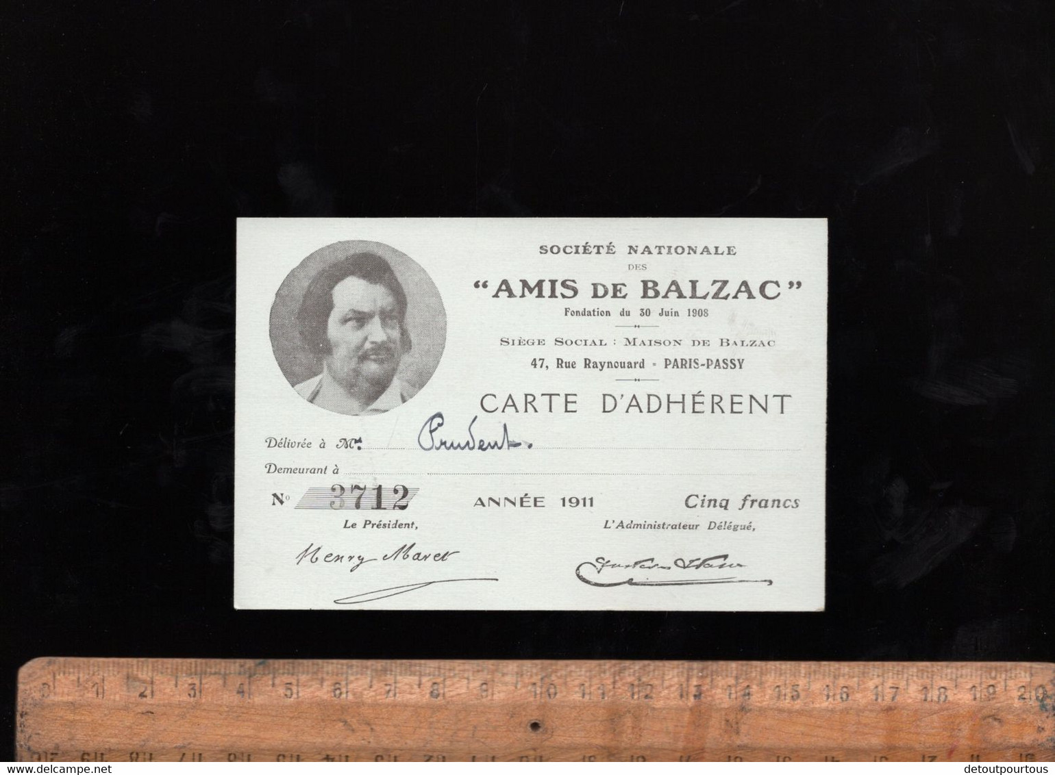 Carte D'adhérent 1911 à La Société Nationale Des Amis De BALZAC Siège Maison 47 Rue Raynouard PARIS PASSY - Other & Unclassified