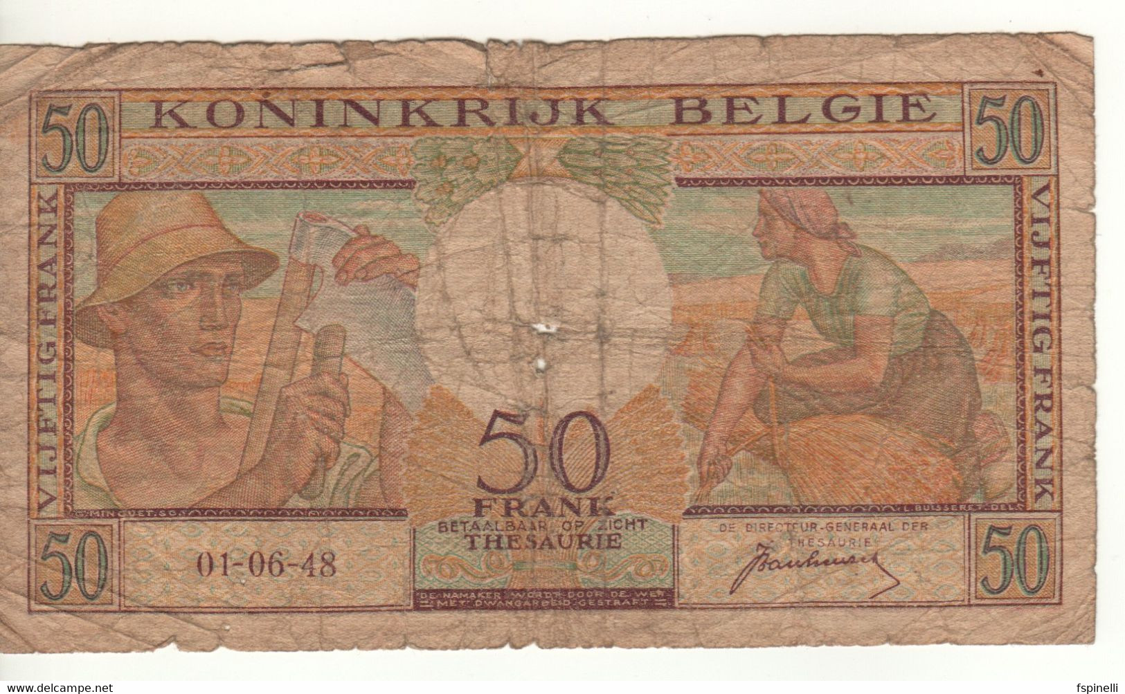 BELGIUM   50 Francs P133a   (Woman With Fruit, Man Planting Tree-Farmer With Scythe, Woman With Sheaf)  Dated 01.06.1948 - 50 Franchi