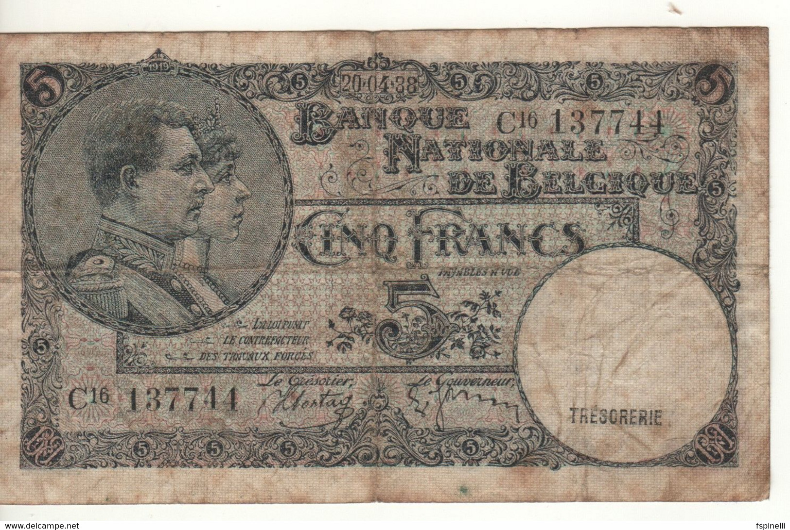 BELGIUM   5 Francs P108a   Dated  20-04-38    ( King Albert, Queen Élisabeth ) - 5 Franchi