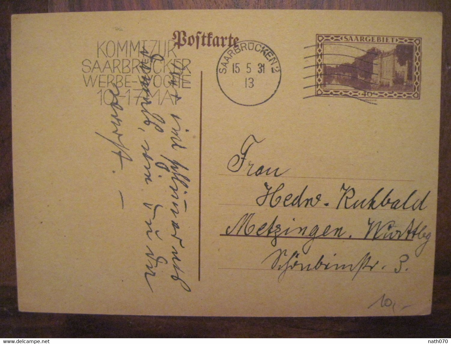 1931 Saar Saarbrücken Cover Deutsches Reich Postkarte Saargebiet - Cartas & Documentos