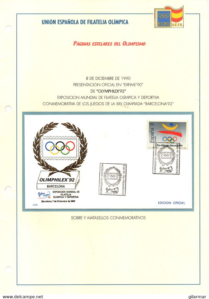 OLYMPIC - ESPANA BARCELONA 1990 - PRESENTACION OFICIAL EN "EXFIME '90" DE OLYMPHILEX '92 - U.E.F.O. - Summer 1992: Barcelona