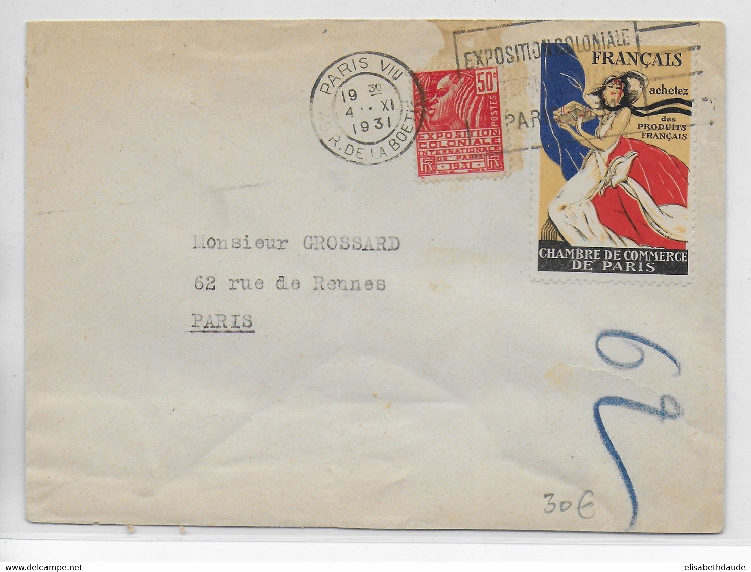 1931 - VIGNETTE PATRIOTIQUE RARE De La CHAMBRE De COMMERCE De PARIS Sur ENVELOPPE - Cartas & Documentos