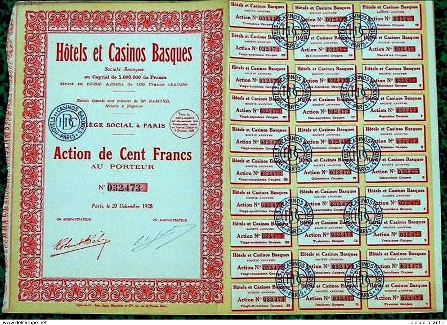 ACTION AU PORTEUR * HOTELS ET CASINOS BASQUES * 1928 - Turismo