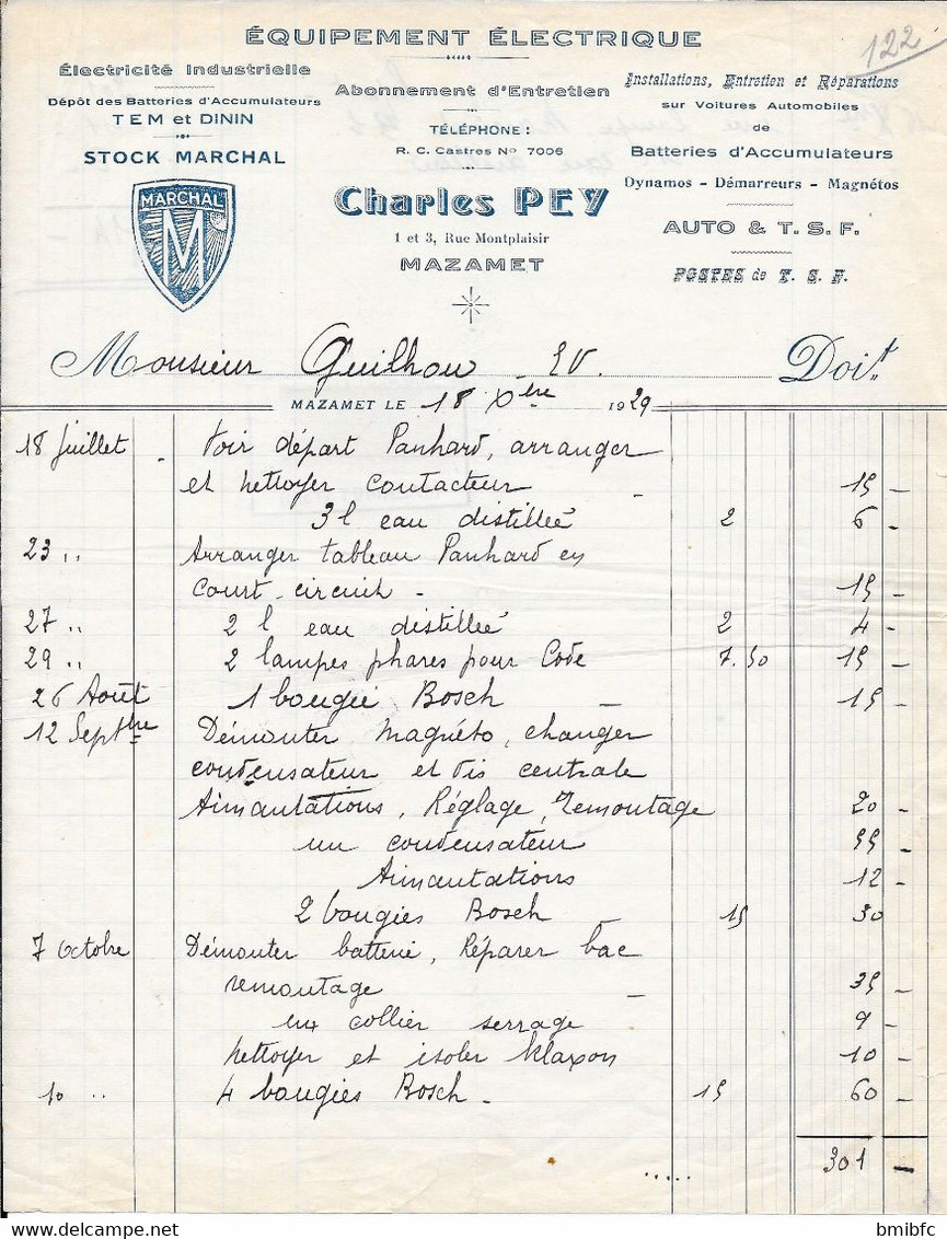 1929 - Equipement Electrique  - Dépôt  Batteries Tem Et Dinin - Stock MARCHAL - Charles PEY 1,3, Rue Montplaisir MAZAMET - Elektriciteit En Gas