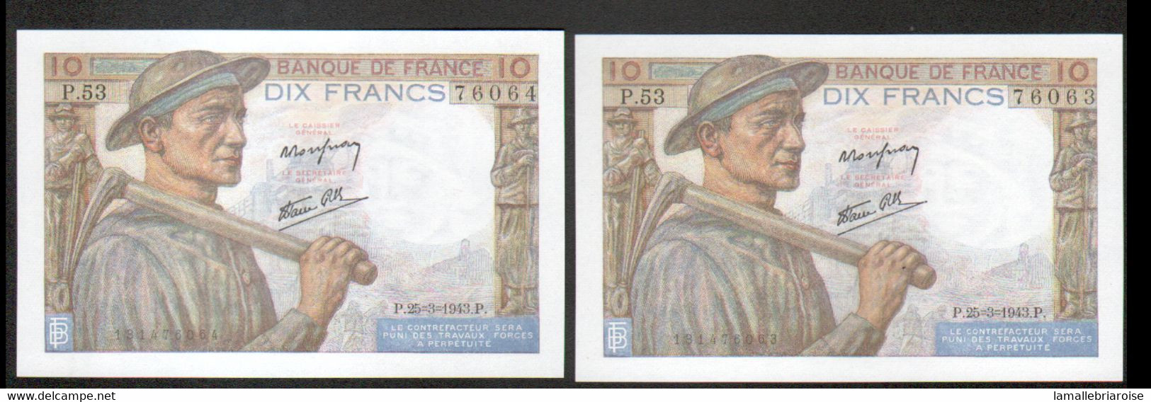 2 Billets 10 Francs Mineur, 25=3=1943, Neufs Et Numeros Se Suivant - 10 F 1941-1949 ''Mineur''
