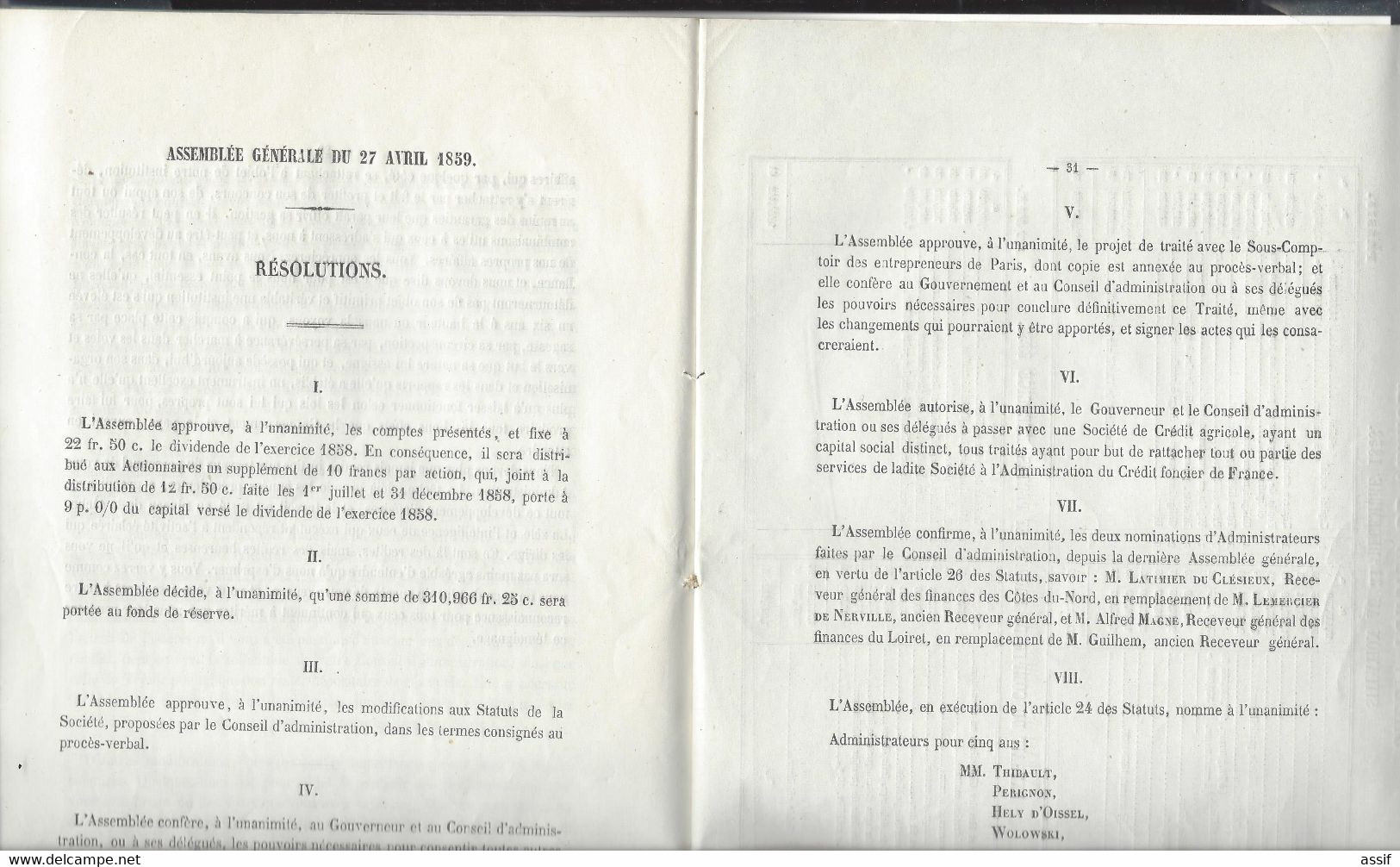 Crédit Foncier De France 1859  Frémy Compte Rendu Exercice 1858 ( Aux Origines Du Crédit Agricole  Banque En France ) - Sin Clasificación