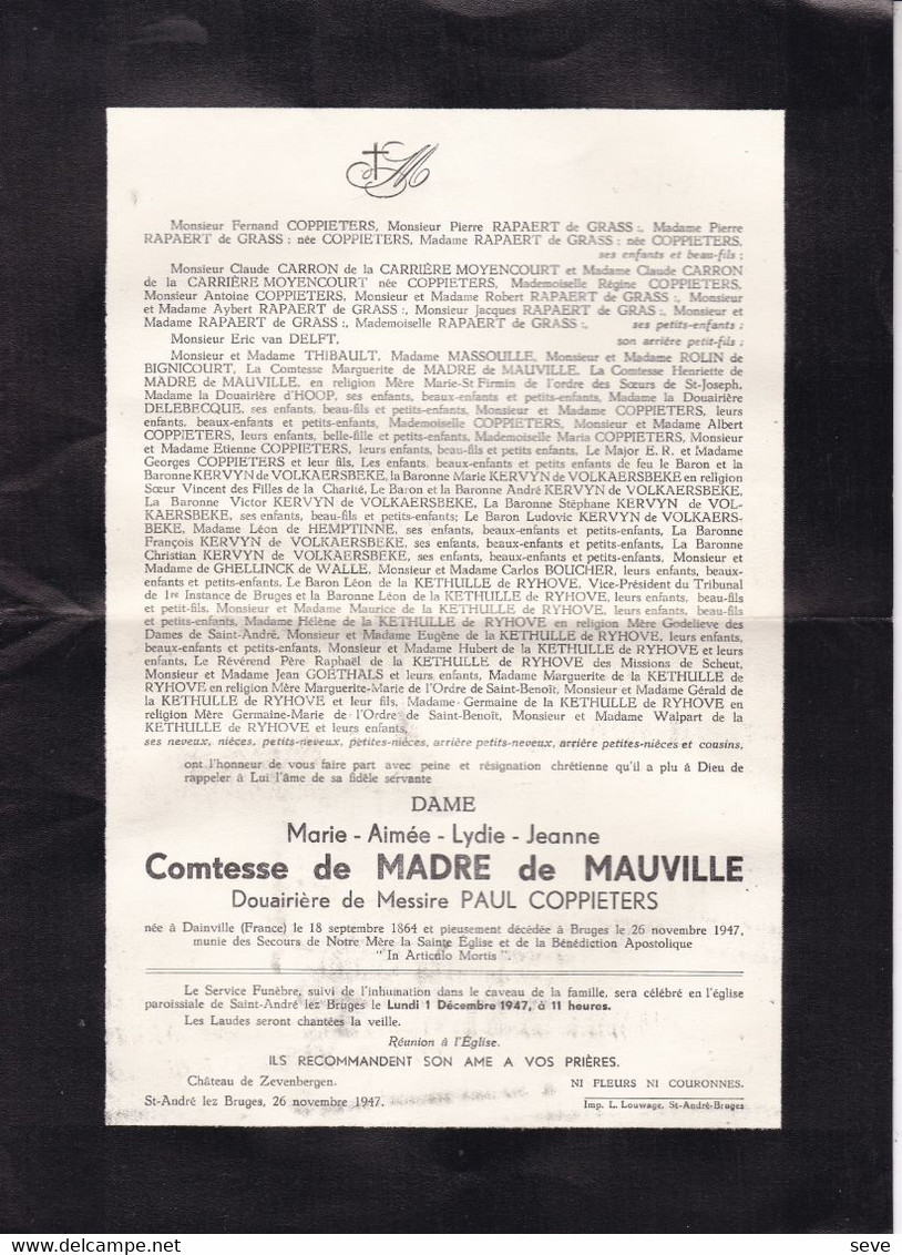 DAINVILLE BRUGES Marie Comtesse De MADRE De MAUVILLE Veuve Paul COPPIETERS 1864-1947 - Obituary Notices