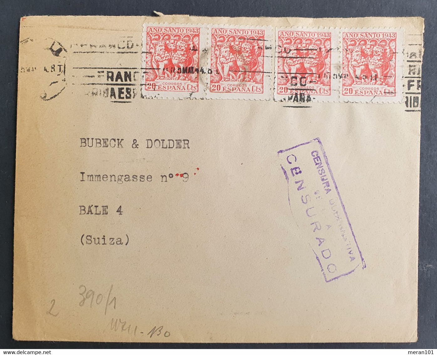 Spanien 1943, Brief MeF Deutsche Zensur SEVILLA Gelaufen Bale/Schweiz - Lettres & Documents