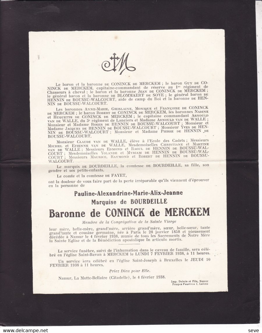 PARIS NAMUR MERCKEM Pauline Marquise De BOURDEILLE Baronne De CONINCK De MERCKEM 1858-1933 - Obituary Notices