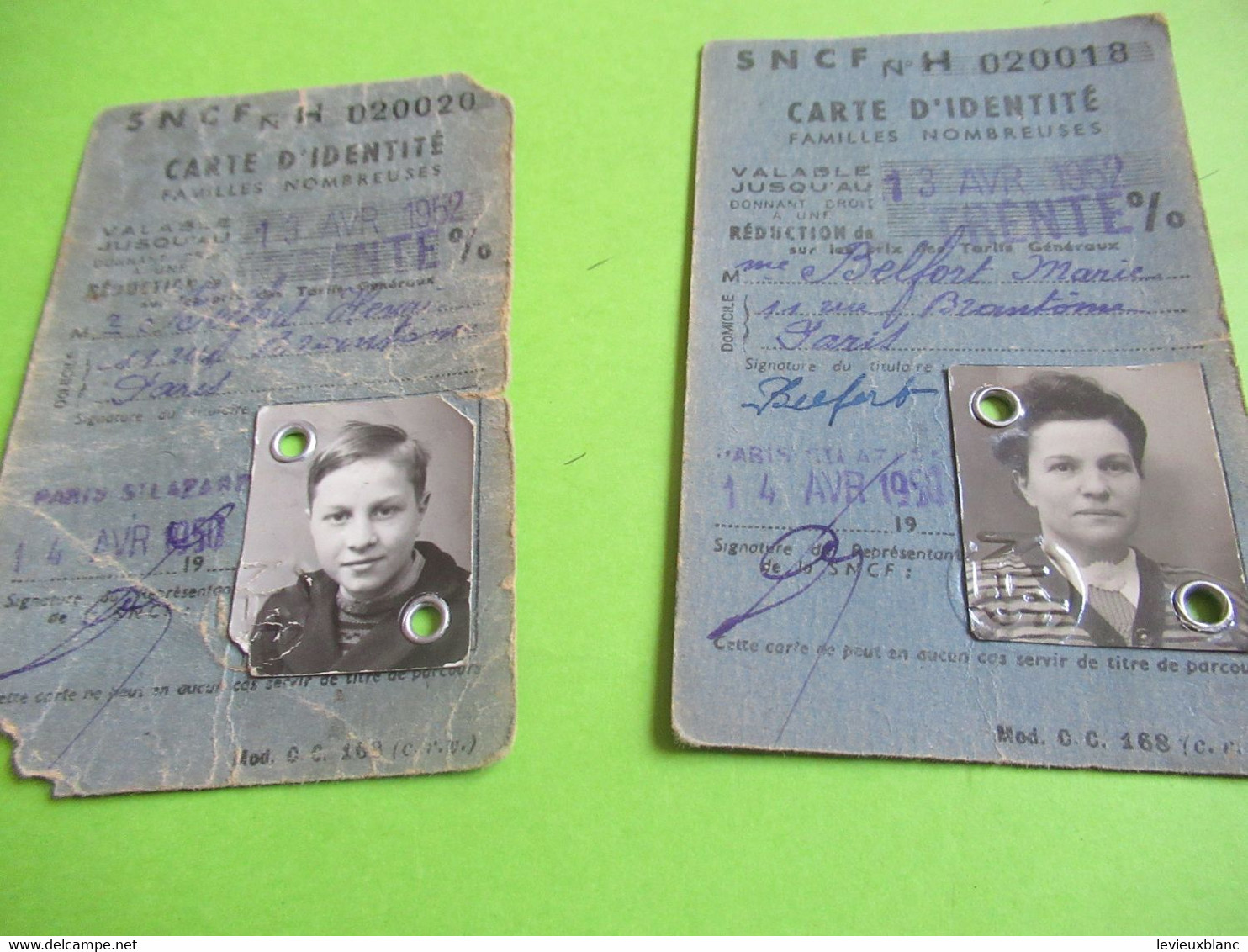 2 Cartes D'Identité De Familles Nombreuses/ SNCF/Réduction 30% /Paris/Belfort/ 1950            TRA55 - Eisenbahnverkehr