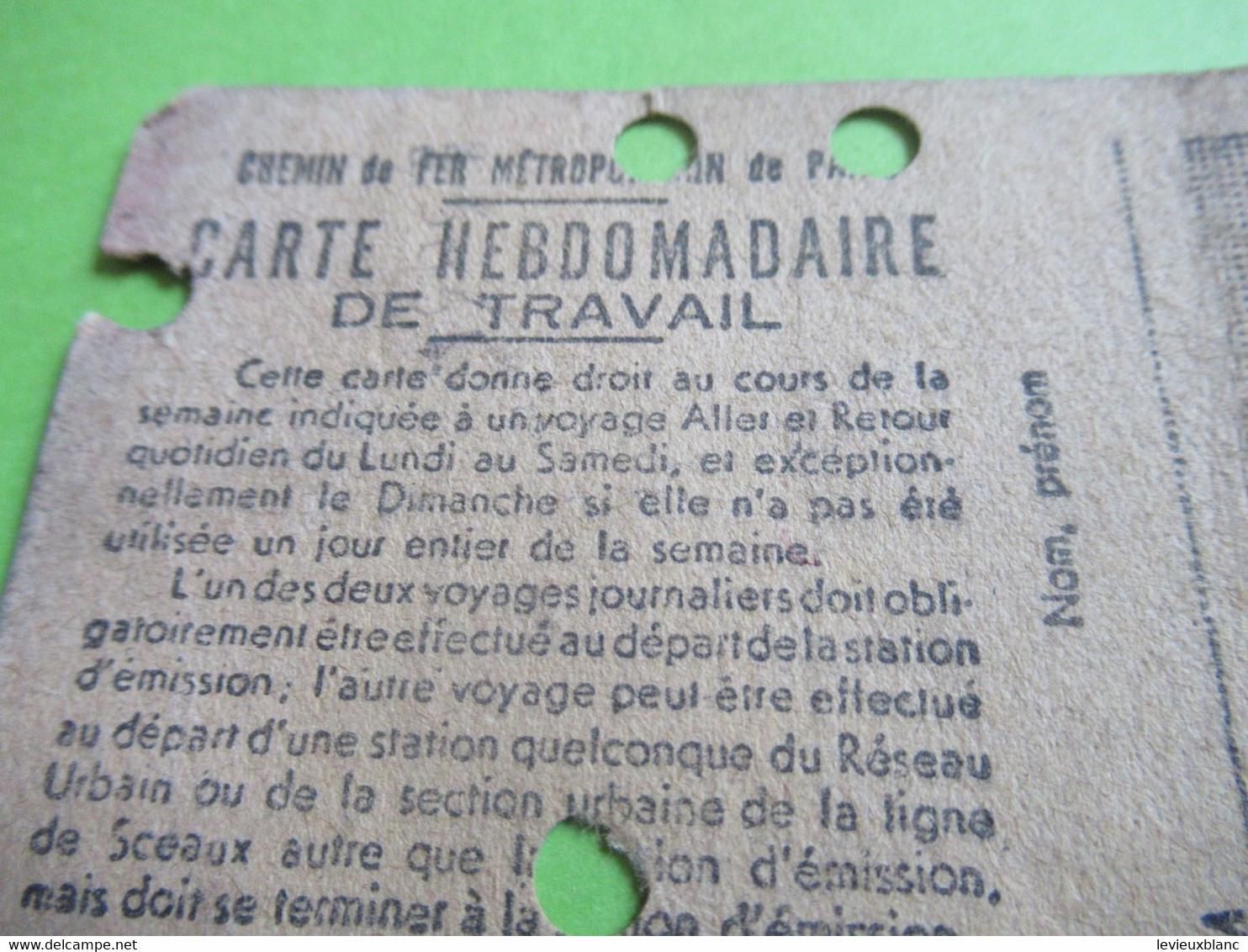 Carte Hebdomadaire De Travail/ Chemin De Fer Métropolitain De  Paris/ Station D'émission 724/ 1947    TRA56 - Eisenbahnverkehr