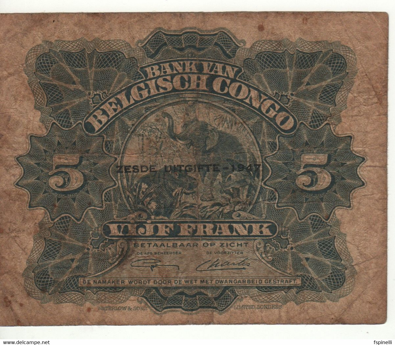 BELGIAN CONGO   5 Francs  P13Ad   1947   ( Allegorical Woman, Beehive -  Elephant, Hippo On Back ) - Banco De Congo Belga