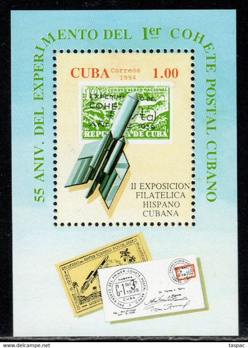 Cuba 1994 Mi# Block 138 ** MNH - Experimental Postal Rocket Flight, 55th Anniv. / Space - América Del Norte