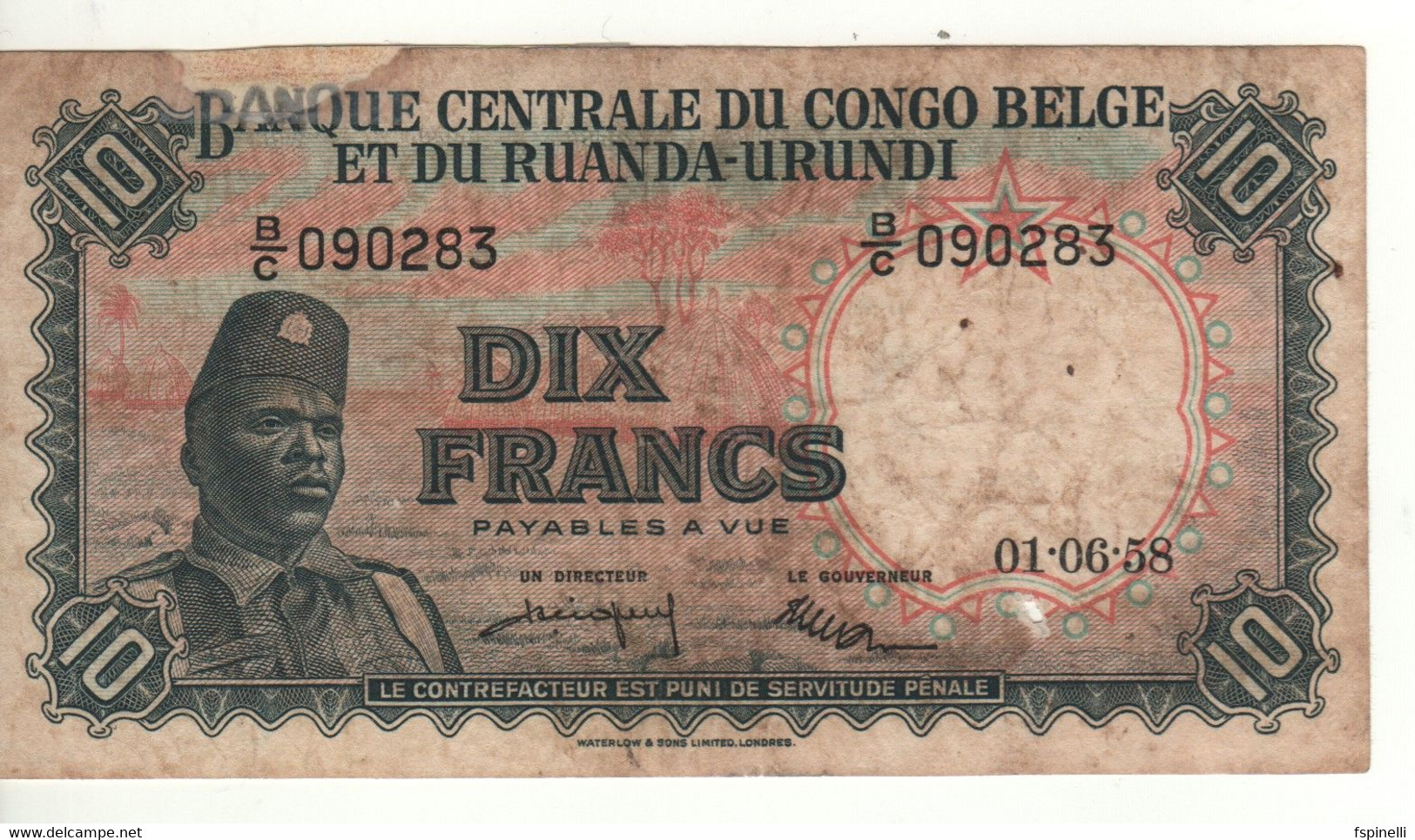 BELGIAN CONGO   10 Francs  P30b     Dated 01.06.58   ( Soldier Of The "Force Publique" - Antelope ) - Banco De Congo Belga