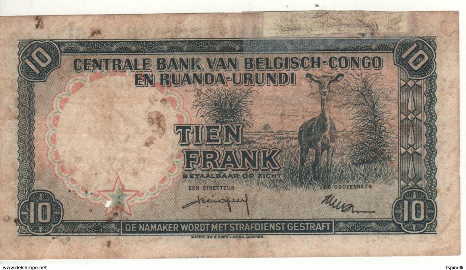 BELGIAN CONGO   10 Francs  P30b     Dated 01.06.58   ( Soldier Of The "Force Publique" - Antelope ) - Bank Belg. Kongo