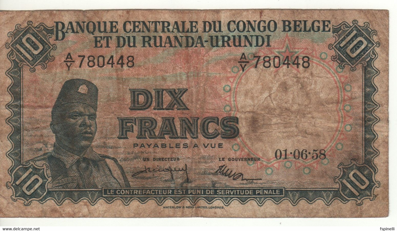 BELGIAN CONGO   10 Francs  P30b     Dated 01.06.58   ( Soldier Of The "Force Publique" - Antelope ) - Banca Del Congo Belga