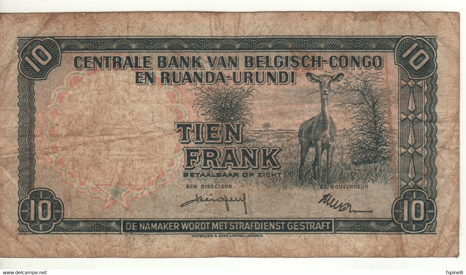 BELGIAN CONGO   10 Francs  P30b     Dated 01.06.58   ( Soldier Of The "Force Publique" - Antelope ) - Bank Belg. Kongo