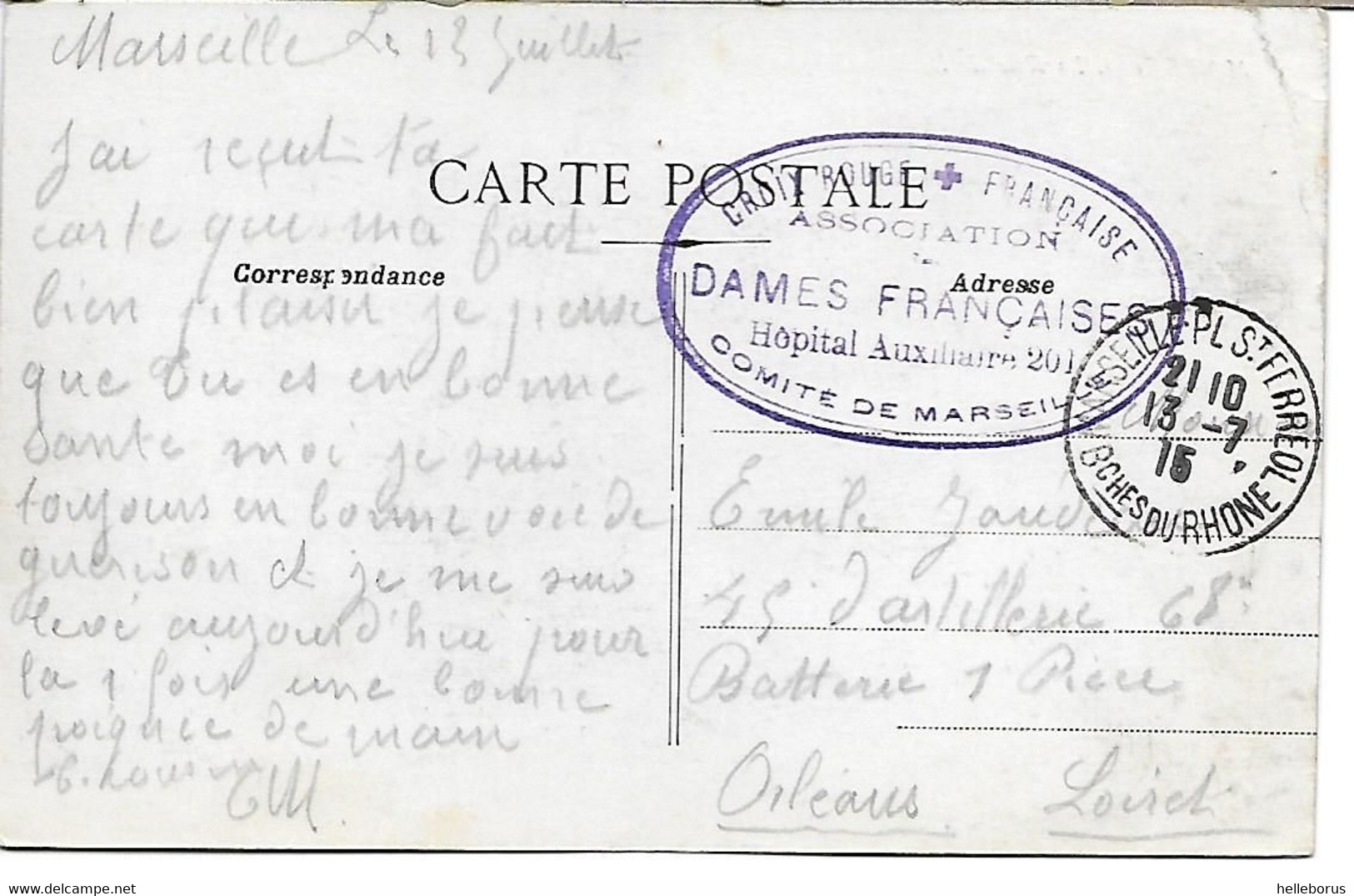 Cachet Militaire 1914 Croix Rouge Dames Françaises Hopital Auxiliaire Marseille Cinéma - Croix Rouge