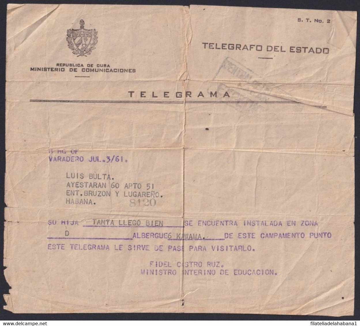 E6428 CUBA 1961 TELEGRAMA MASIVO MOVILIZACION DE CAMPAÑA ALFABETIZACION. FIDEL CASTRO. - Telegraph