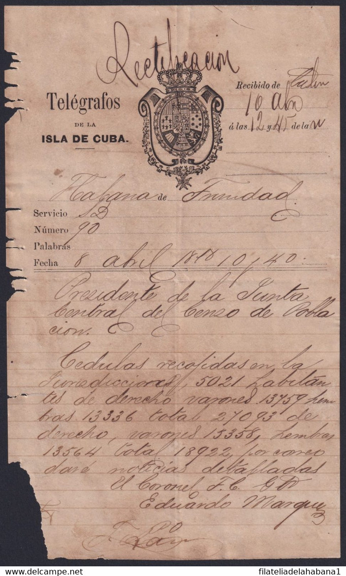 E6429 CUBA SPAIN 1878 TELEGRAMA TELEGRAM TELEGRAPH RECTIFICACION CENSO POBLACION DE TRINIDAD A LA HABANA. - Telégrafo