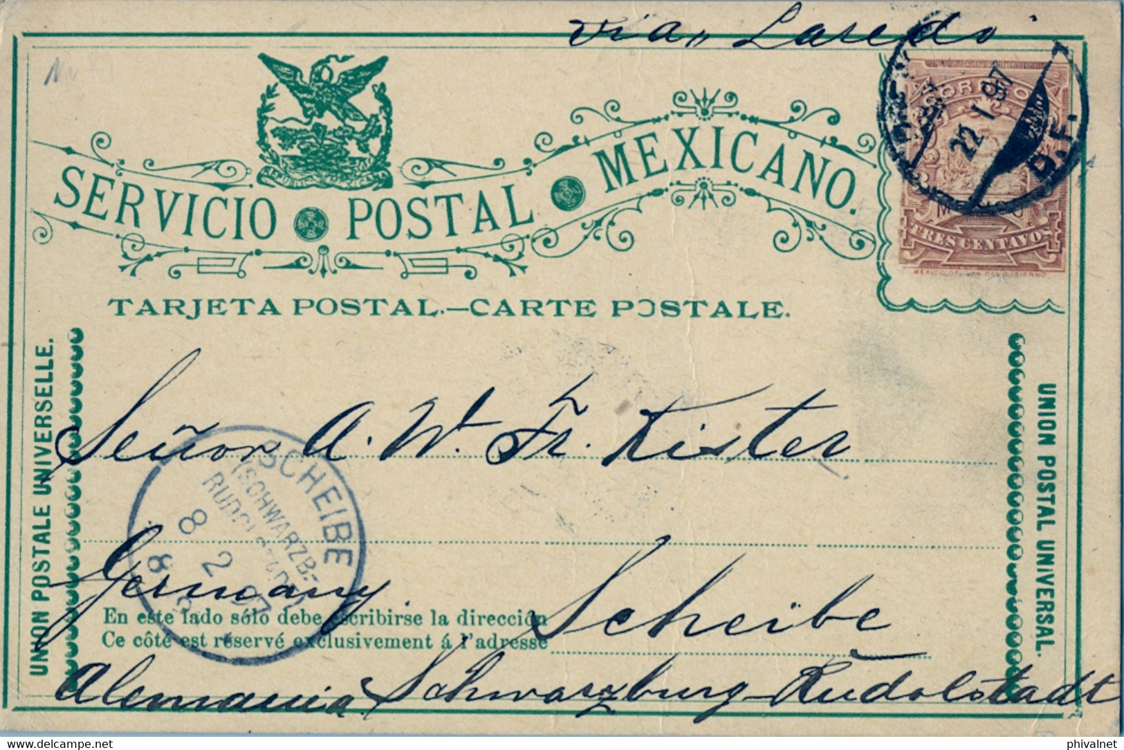 1897 , MÉXICO - ENTERO POSTAL CIRCULADO , MÉXICO D.F. - SCHEIBE, VIA LAREDO - Mexico