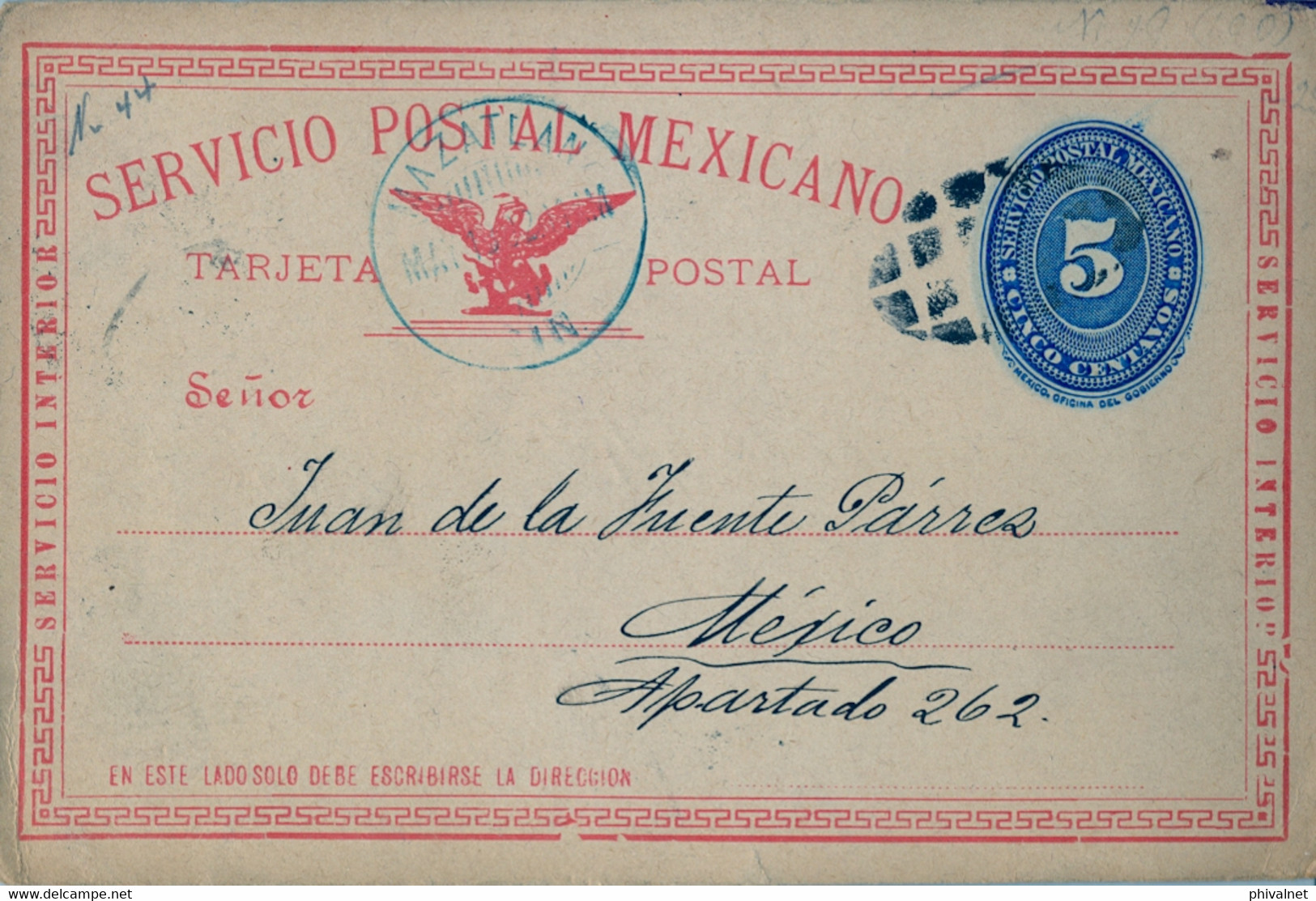 1892 , MÉXICO - ENTERO POSTAL CIRCULADO ,  MAZATLAN - MÉXICO D.F. , FECHADOR AZUL , SERVICIO INTERIOR , LLEGADA - Mexique