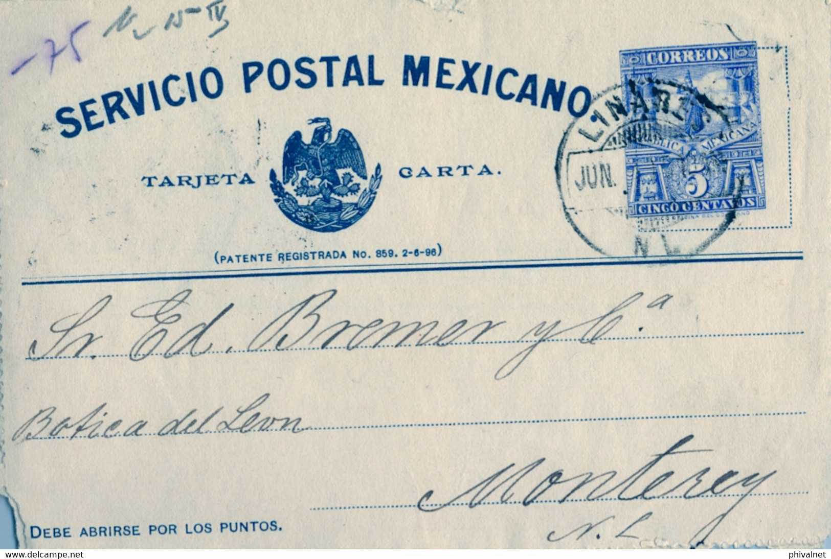 MÉXICO , ENTERO POSTAL CIRCULADO , LINARES - MONTERREY , LLEGADA AL DORSO - Messico