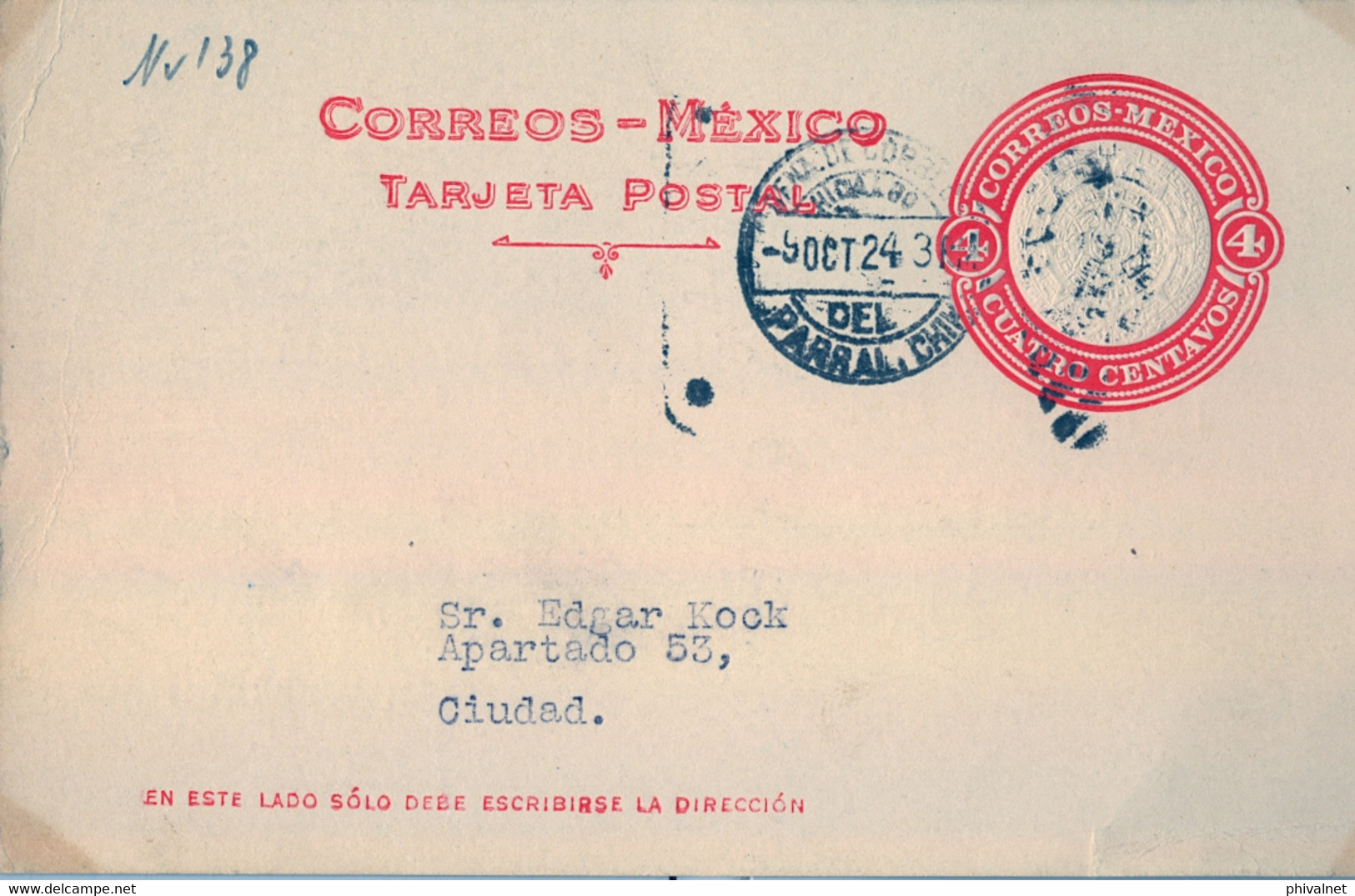 1924  MÉXICO , ENTERO POSTAL CIRCULADO , PARRAL - CORREO INTERIOR - Mexiko