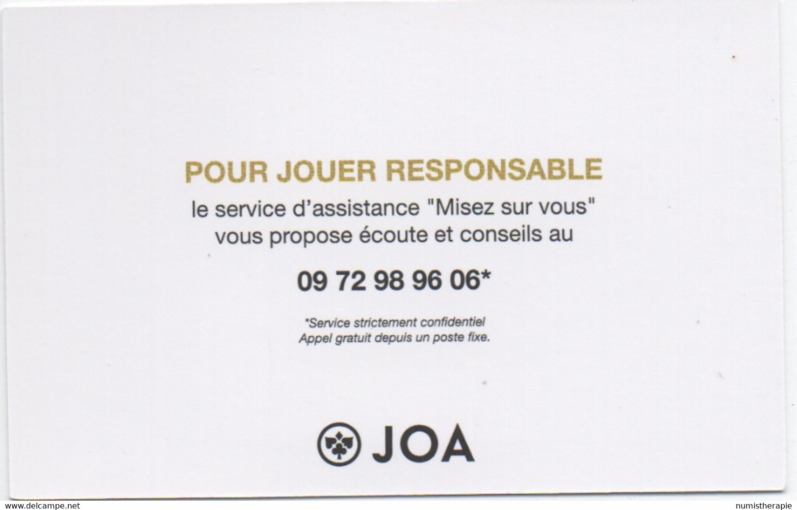 Carte Mission Responsable : Casino JOA (Papier - Carton) - Tarjetas De Casino