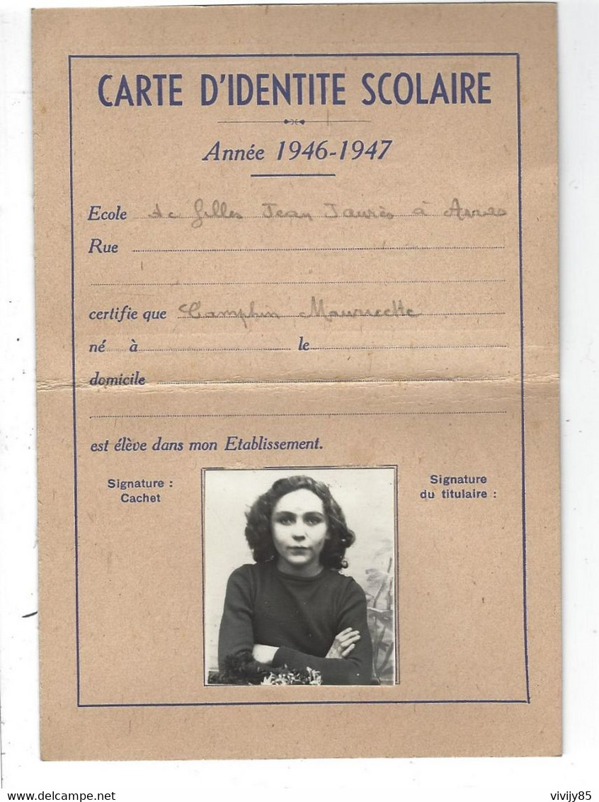 62 - ARRAS - T.Belle Carte D'identité Scolaire ( école Des Filles JeanJaurès ) - élève : Camphin Mauricette ) - Diplomas Y Calificaciones Escolares