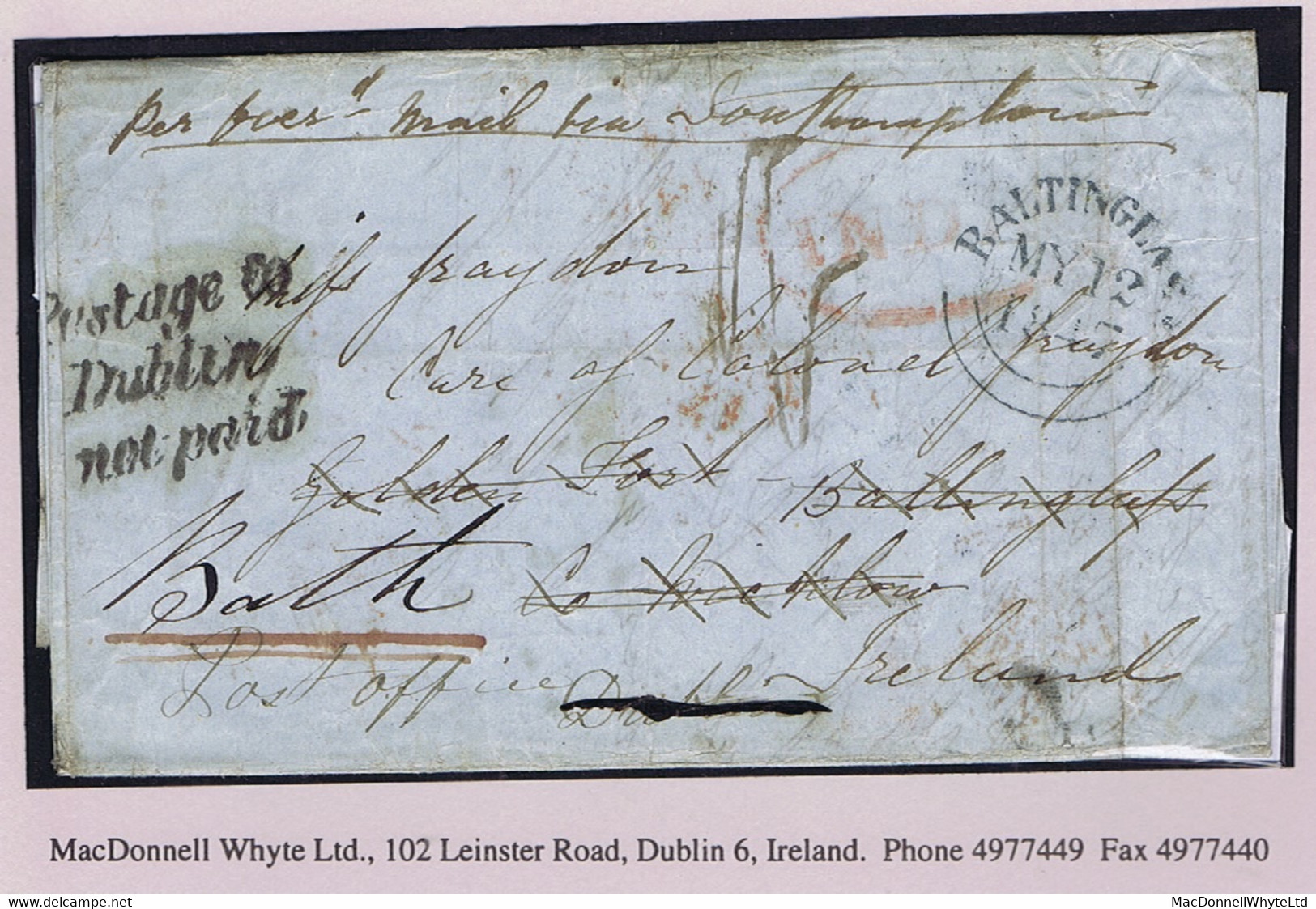 Ireland India Wicklow 1847 Cover Oval INDIA To Golden Fort BALTINGLASS MY 12 1847 Italic 'Postage To/Dublin/not Paid' - Préphilatélie