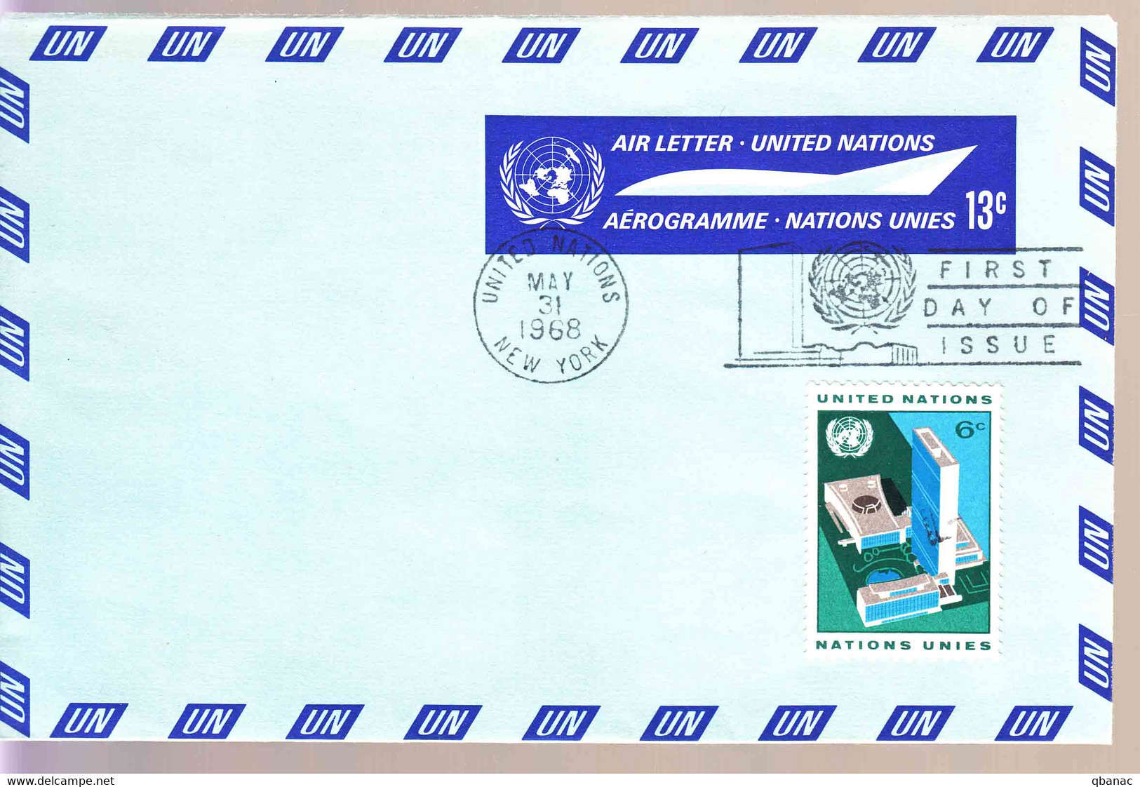 United Nations UN 1968, First Day Cancel Aerogramme - Lettres & Documents