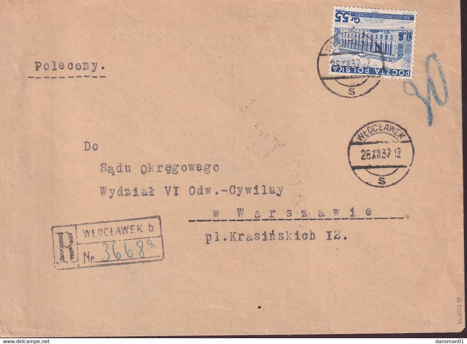 POLAND 1937 Registered Cover WLOCLAWEK To Warsaw - Covers & Documents