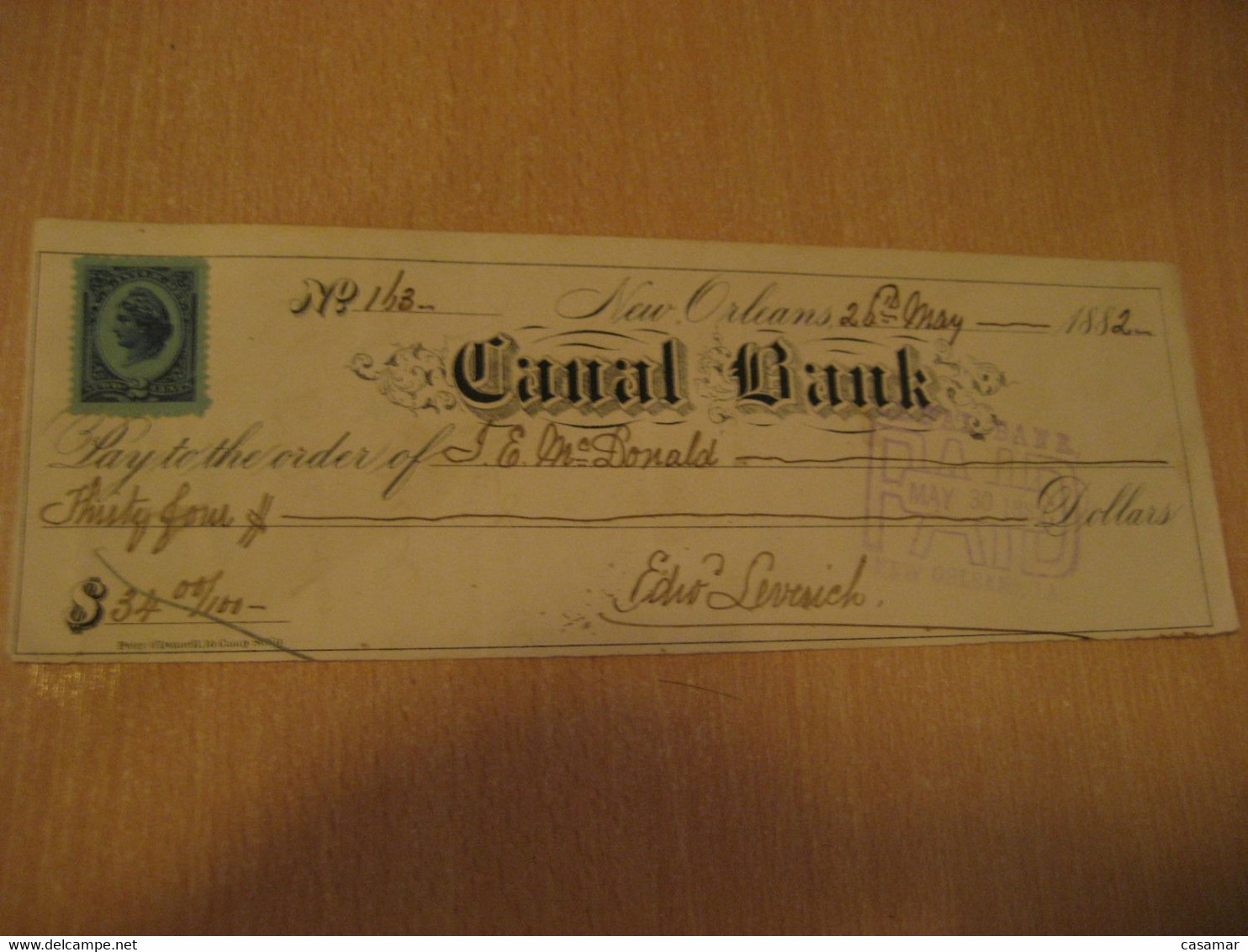 NEW ORLEANS 1882 Canal Bank Bank Check Note + 2c Interior Revenue Tax Due Fiscal USA - Ohne Zuordnung