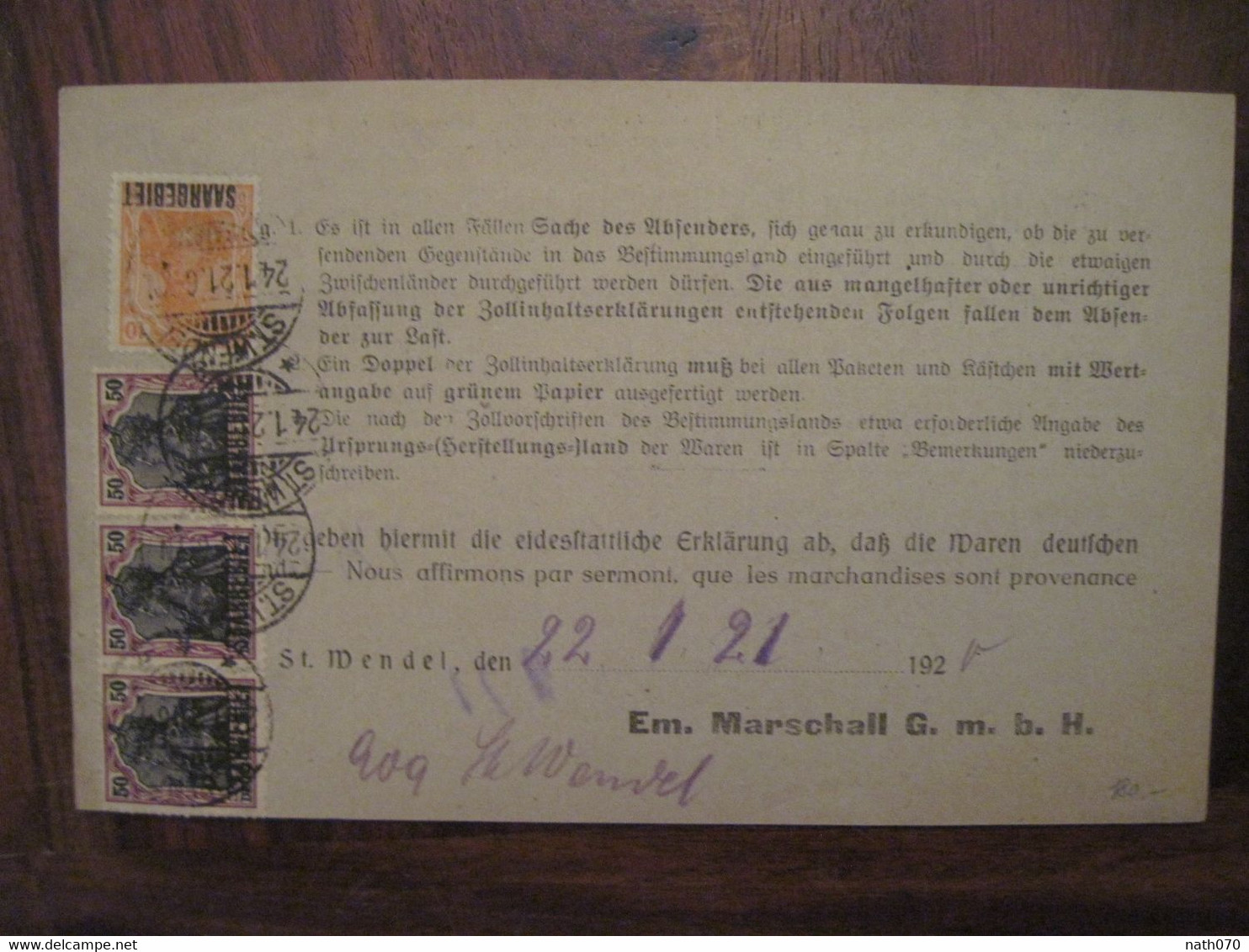 1921 Saar Saarbrücken Cover Deutsches Reich Saargebiet  Enveloppe Sarre St Wendel Zollinhaltserklärung - Andere & Zonder Classificatie