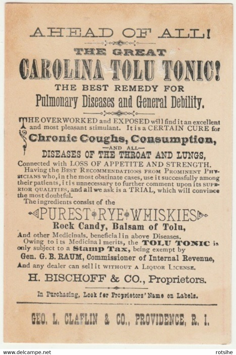 1800's Victorian American Trade Card Carolina Tolu Tonic Providence Claflin Bischoff  Chromo Américaine - Andere & Zonder Classificatie