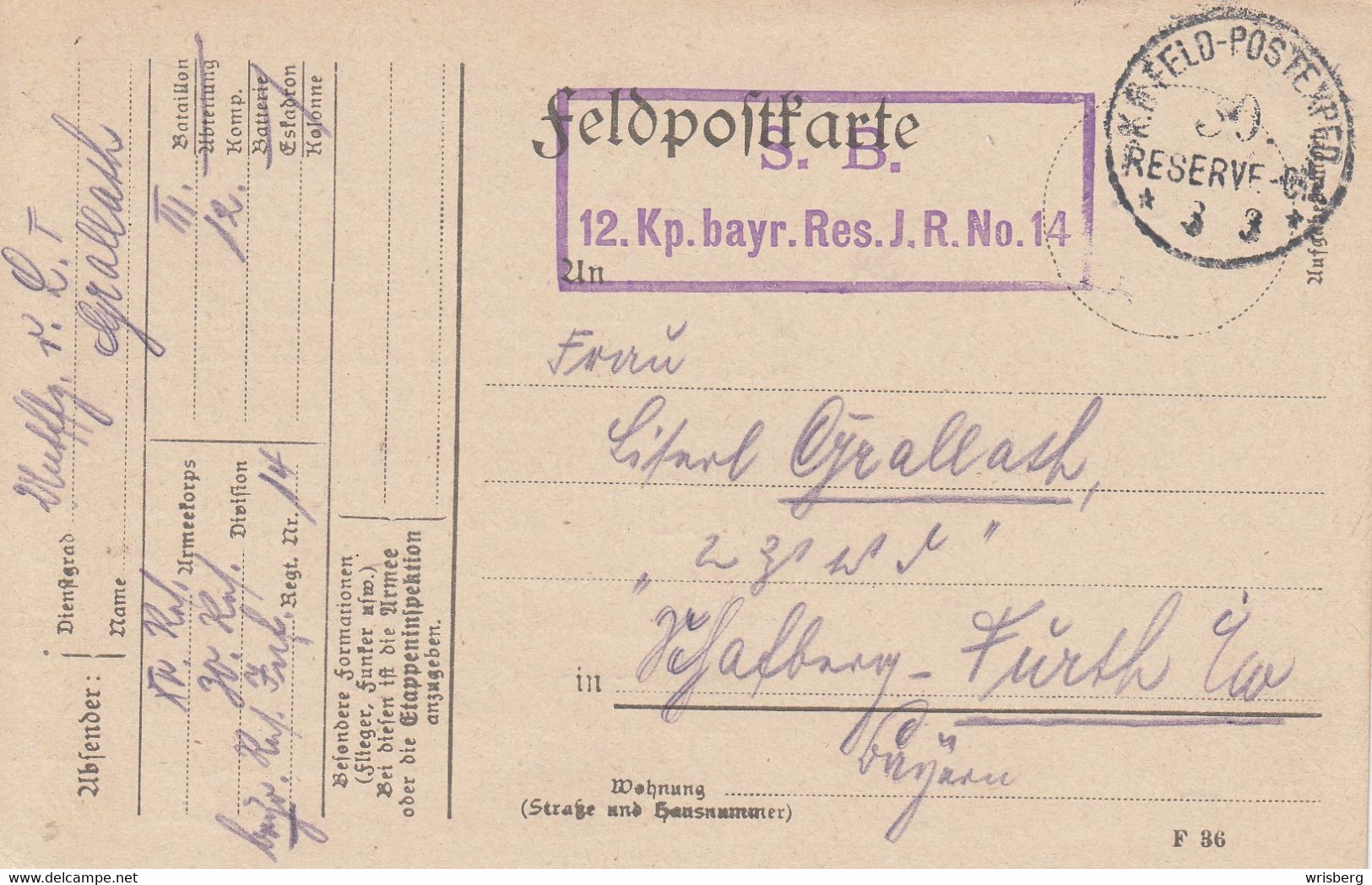 Feldpostkarte Obl K.D.FELD-POSTEXPED 39. RESERVE DIV Du 3.3.(15) + Cachet 12. Kp Bayr. Res. J.R. No 14 Avec Joli Dessin - 1. Weltkrieg 1914-1918