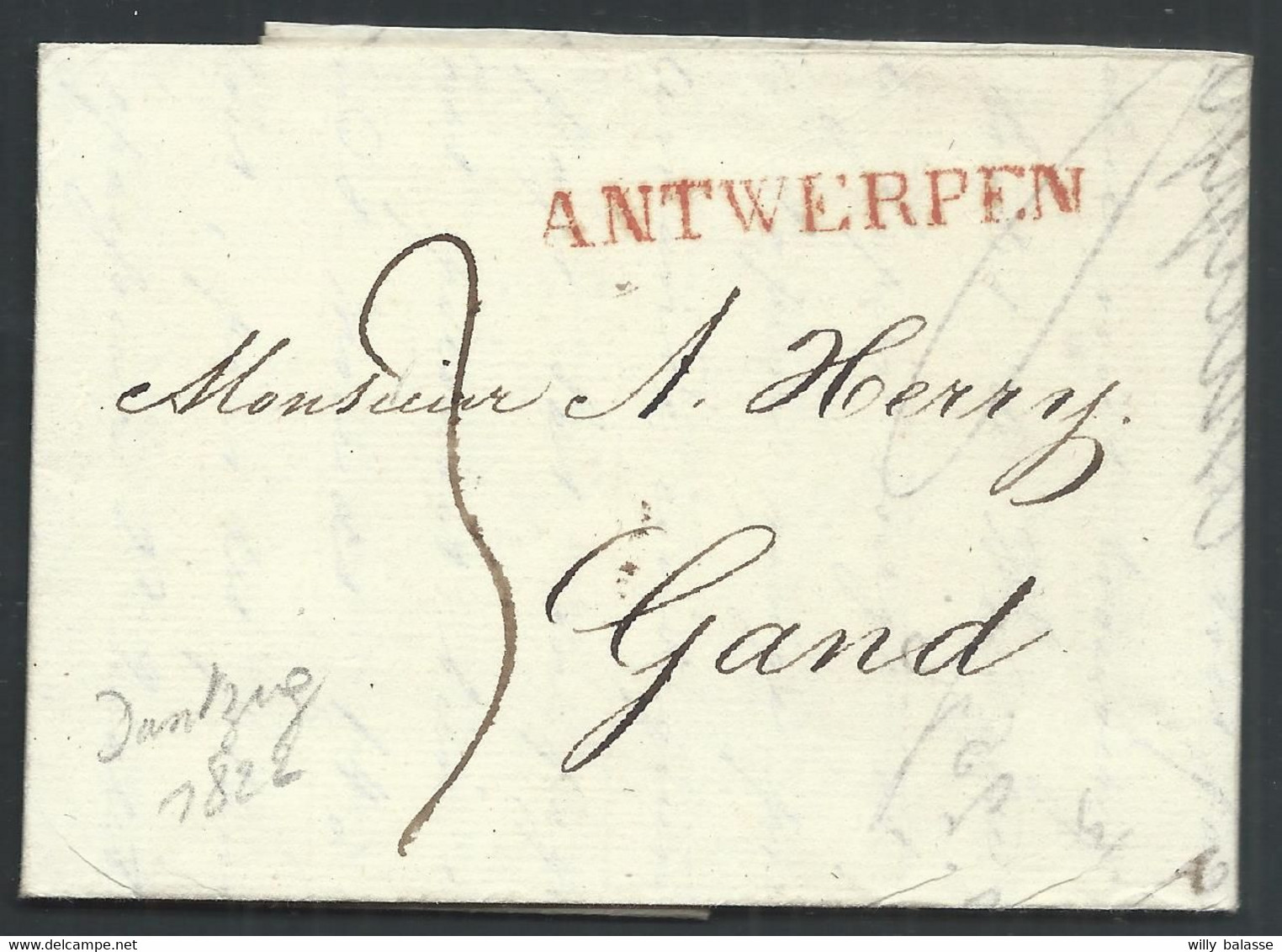 L Datée De Dantzid 1822 Marque ANTWERPEN + "3" Pour Gand. - 1815-1830 (Période Hollandaise)