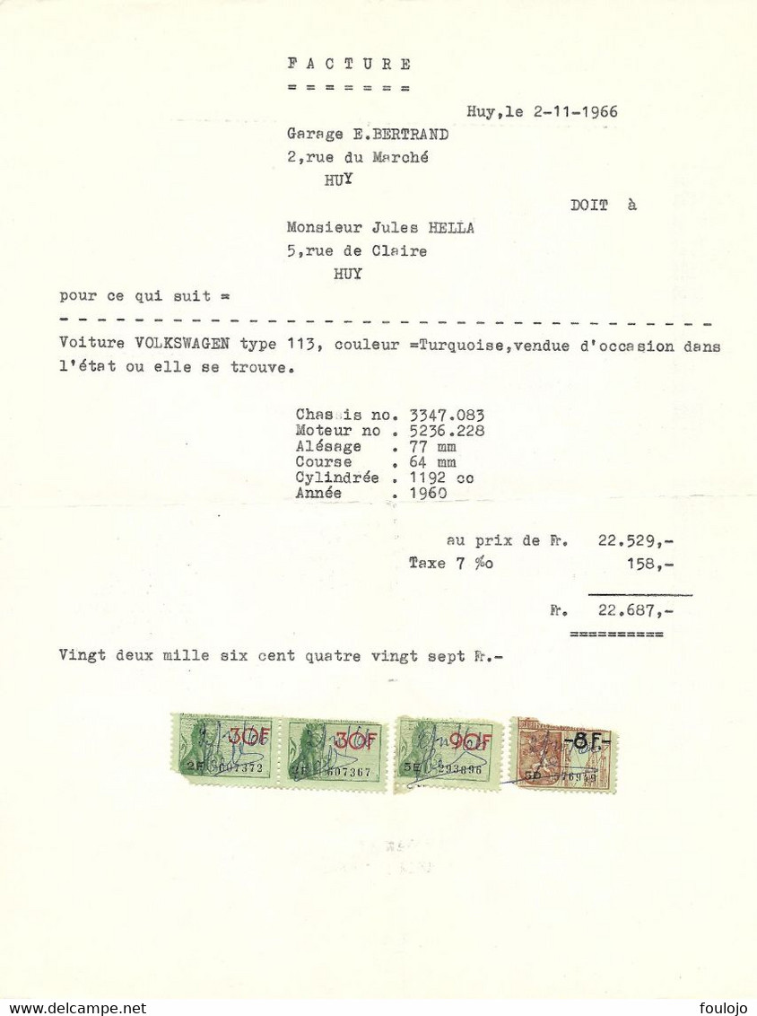 Facture Du Garage Emilio Bertrand De Huy - Le 2-11-1966 - Automobil