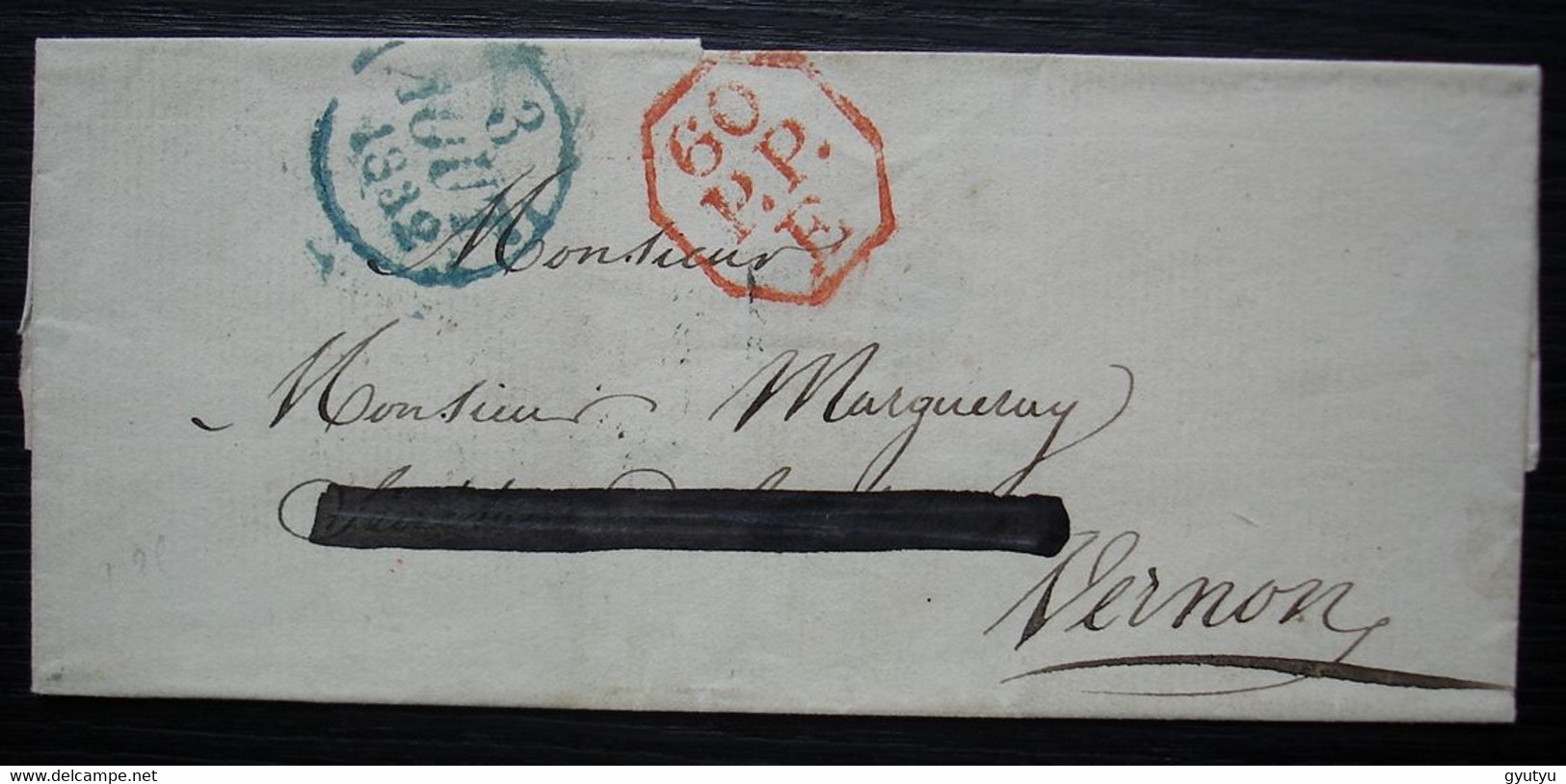 1832 Cachet Rouge Octogonal De Port Payé 60/ PP/ E + Dateur Bleu, Sur Lettre Pour Vernon - 1801-1848: Precursori XIX