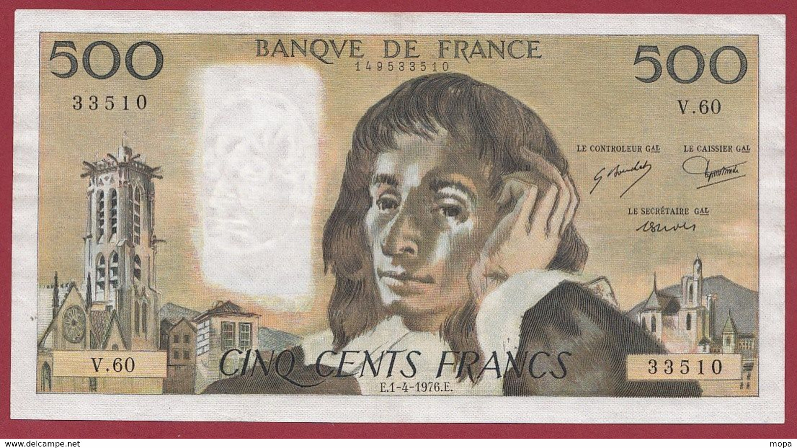 500 Francs "Pascal" Du 01/04/1976.E----ALPH.V.60---DANS L ETAT - 500 F 1968-1993 ''Pascal''