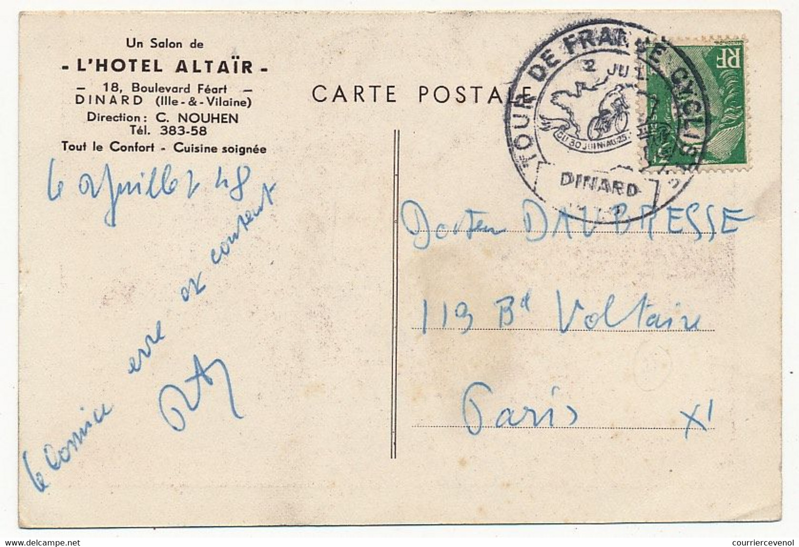 FRANCE - Oblit Illustrée "Tour De France Cycliste DINARD 2 Juillet 1948" Sur CPSM Hotel Altaïr DINARD - Covers & Documents