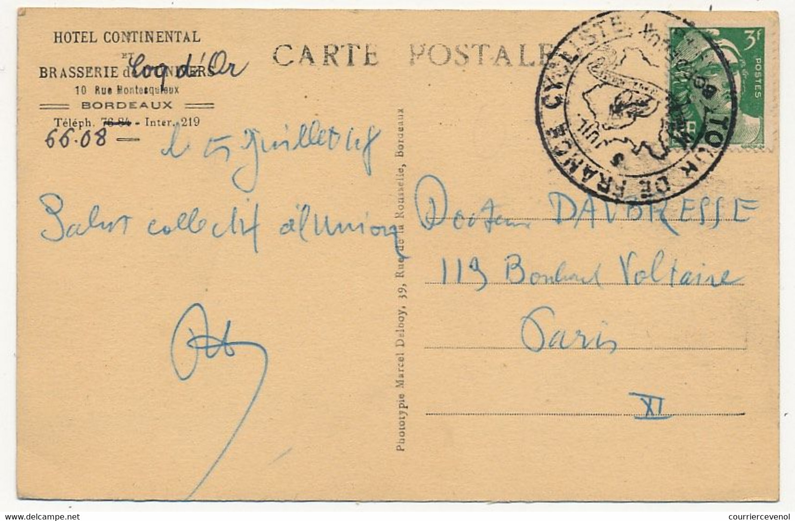 FRANCE - Oblit Illustrée "Tour De France Cycliste BORDEAUX 5 Juillet 1948" Sur CPSM Brasserie Coq D'Or BORDEAUX - Briefe U. Dokumente