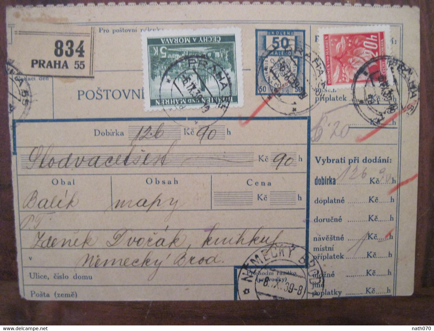 1939 Böhmen Und Mähren Praha Nemecky Brod Air Mail Cover Deutsches Reich Allemagne Havlíčkův - Covers & Documents