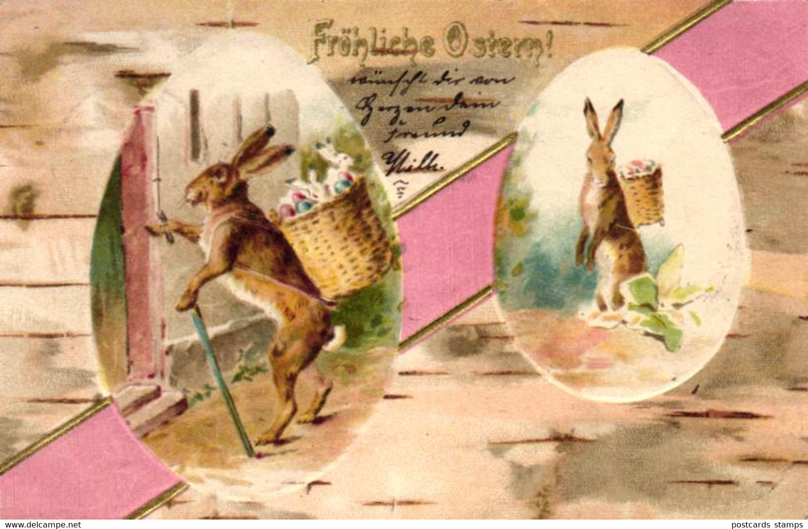 Ostern, Hasen, Korb Mit Eiern, Prägekarte, 1904 In Köln Versandt - Pâques