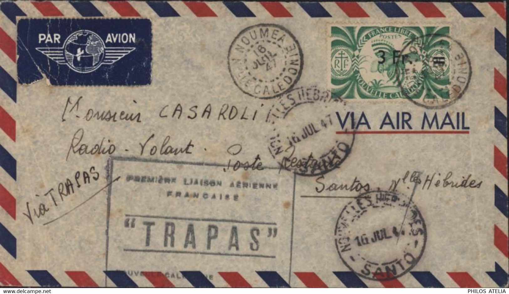 Première Liaison Aérienne Française Trapas Par Avion YT 254 France Libre CAD Nouméa Nouvelle Calédonie 16 JUI 47 - Cartas & Documentos