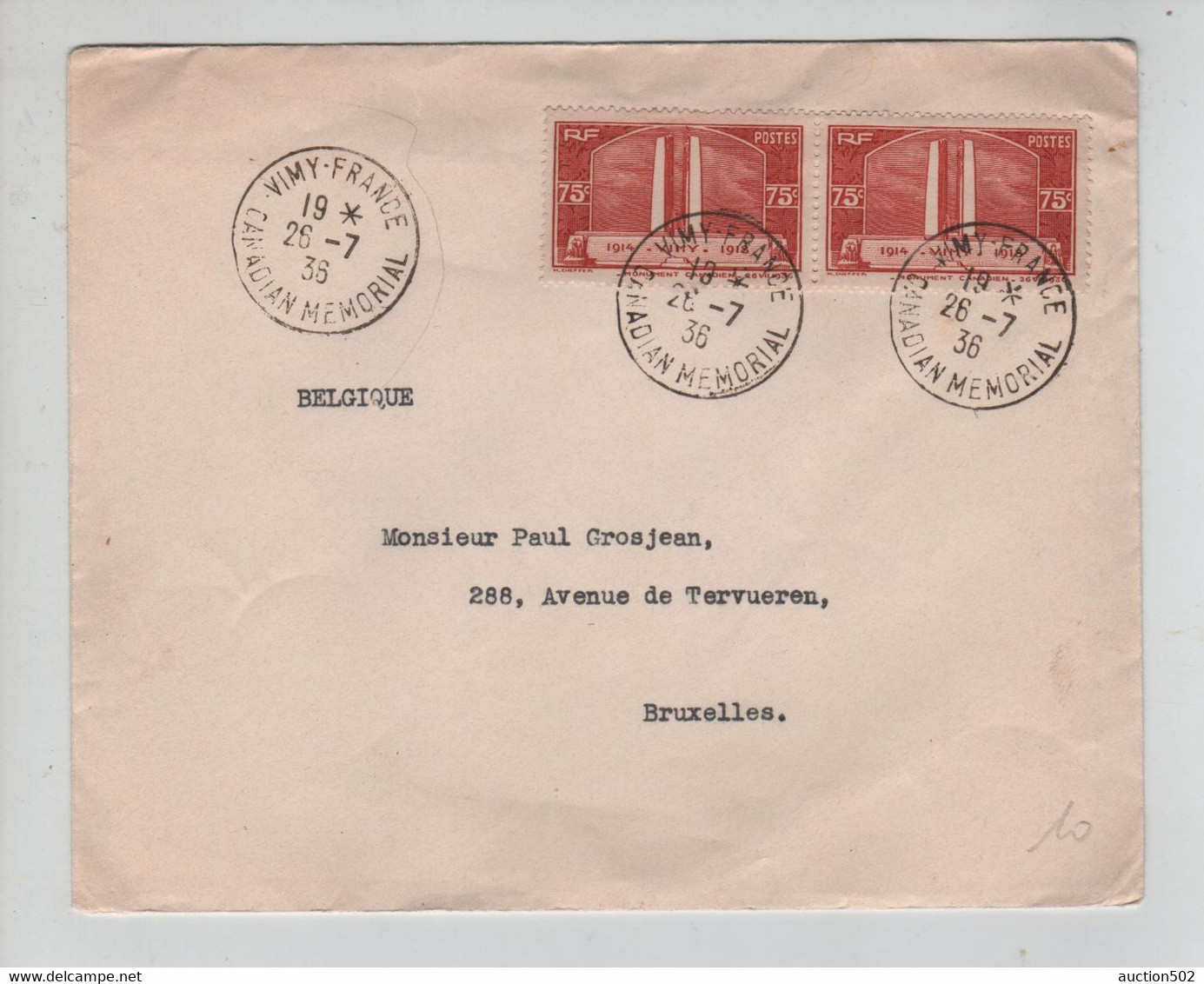 563PR/ France Lettre Cover C.Vimy France Canadian Memorial 26/7/36 > Bruxelles - 1921-1960: Période Moderne