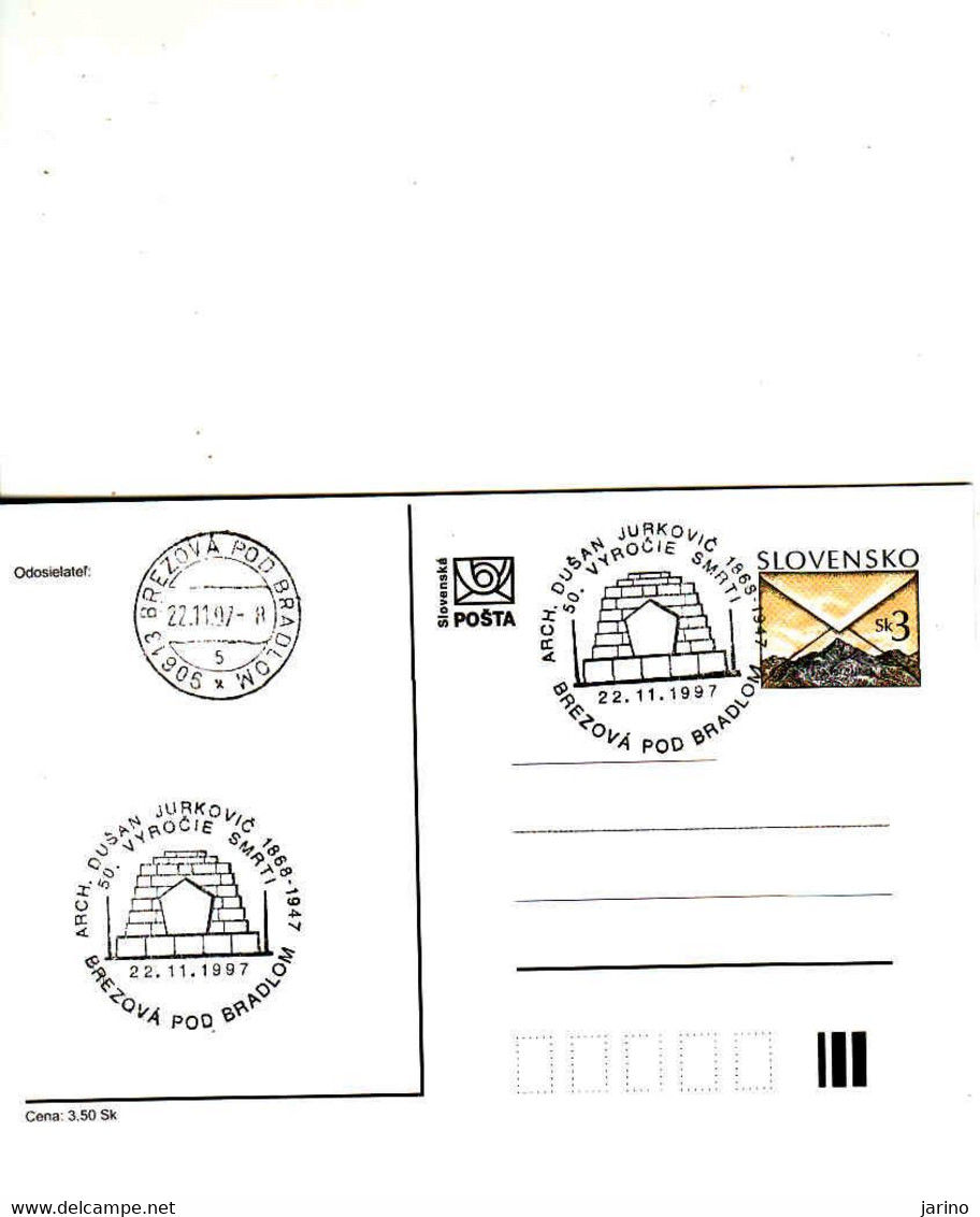 Slovakia, Brezová, Timbres Occasionnels Architekt Dušan Jurkovič, 50 Výročie Smrti 1997, Tirage 300 Only - Postkaarten