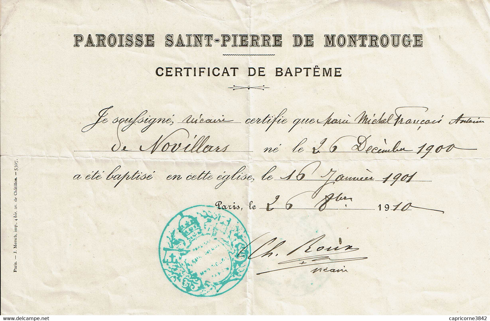 1910 - Certificat De Baptême - Naissance & Baptême